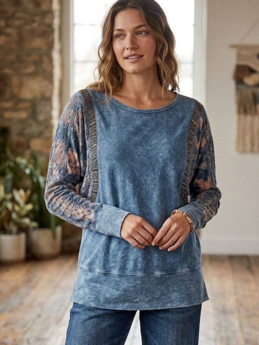 *3 FOR $9* American Age Long Sleeve Lace Grommet Acid Washed Top Shirt Tee M